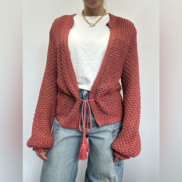 360 Sweater Italian Yarn Chunky Knit Open Front Tassel Tie Waist Cardigan S - Picture 5 of 14